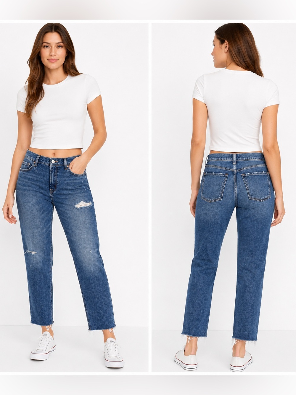 Old Navy Mid Rise Boyfriend Jeans Women’s Size 6 Distressed Frayed Hem Blue